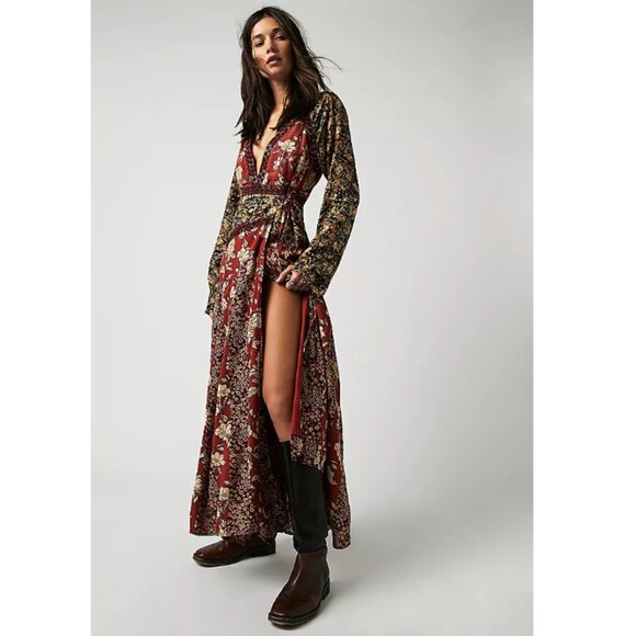 NWT Free People Tilda Wrap Maxi Dress in Neutral Combo Women's Size S